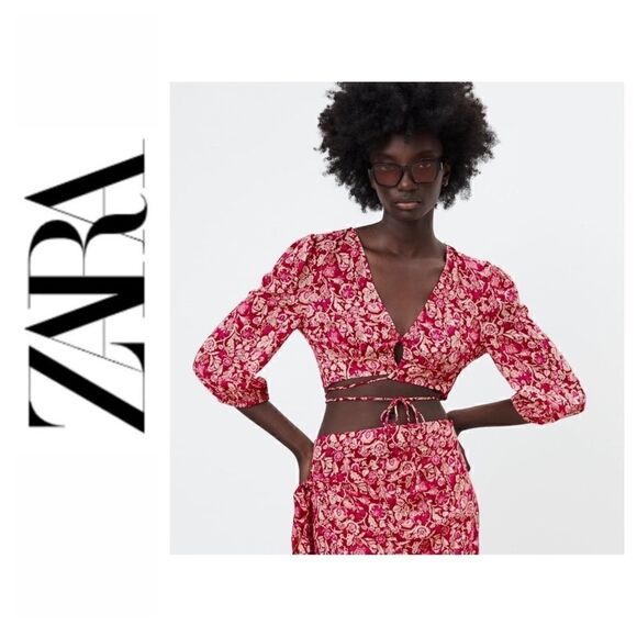 NWT Zara Metallic Floral Printed Tie Crop Top, Size XS - Picture 1 of 16